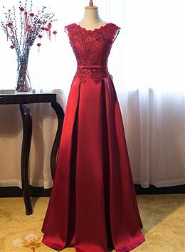 Picture of Pretty Dark Red Color Lace Long Junior Formal Dresses, Lace Top Party Dresses